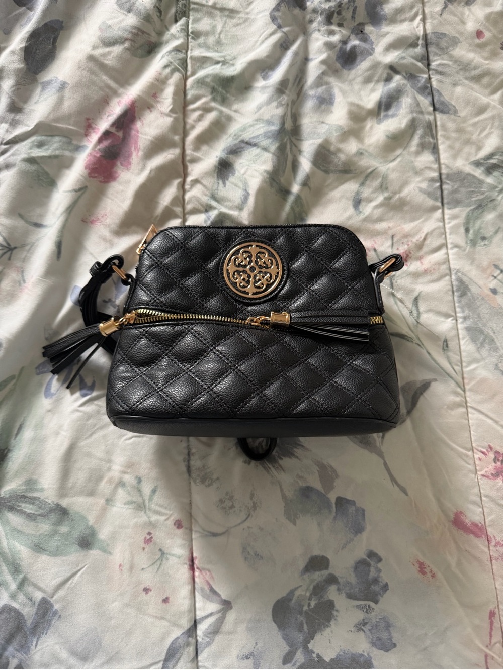 Quilted Black Crossbody with Gold Emblem